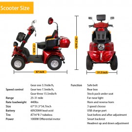 DJD-4L Red Heavy Duty Mobility Scooters for Seniors & Adults 1000W Mobility Scooter
