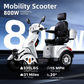 XL-4L Heavy-Duty Four-Wheel Mobility Scooter with Captain Seat, 500lbs Weight Capacity, 15mph Max Speed – Electric Scooter for Enhanced Comfort and Reliable Experience-Silver