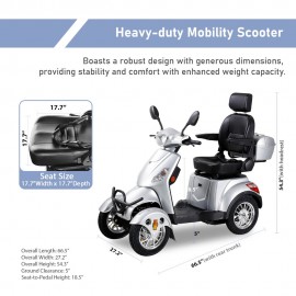 XL-4L Heavy-Duty Four-Wheel Mobility Scooter with Captain Seat, 500lbs Weight Capacity, 15mph Max Speed – Electric Scooter for Enhanced Comfort and Reliable Experience-Silver