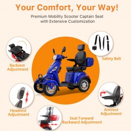 XL-4L Heavy-Duty Four-Wheel Mobility Scooter with Captain Seat, 500lbs Weight Capacity, 15mph Max Speed – Electric Scooter for Enhanced Comfort and Reliable Experience-Blue
