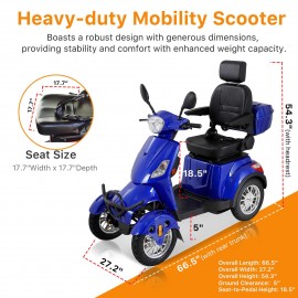 XL-4L Heavy-Duty Four-Wheel Mobility Scooter with Captain Seat, 500lbs Weight Capacity, 15mph Max Speed – Electric Scooter for Enhanced Comfort and Reliable Experience-Blue