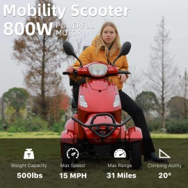 XL-4L Heavy-Duty Four-Wheel Mobility Scooter with Captain Seat, 500lbs Weight Capacity, 15mph MaxSpeed – Electric Scooter for Enhanced Comfort and Reliable Experience-Red