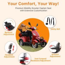 XL-4L Heavy-Duty Four-Wheel Mobility Scooter with Captain Seat, 500lbs Weight Capacity, 15mph MaxSpeed – Electric Scooter for Enhanced Comfort and Reliable Experience-Red
